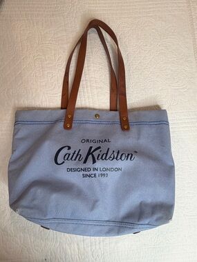 Cat Kidston Medium Denim Blue W/ Brown Leather Handles Tote Bag Purse